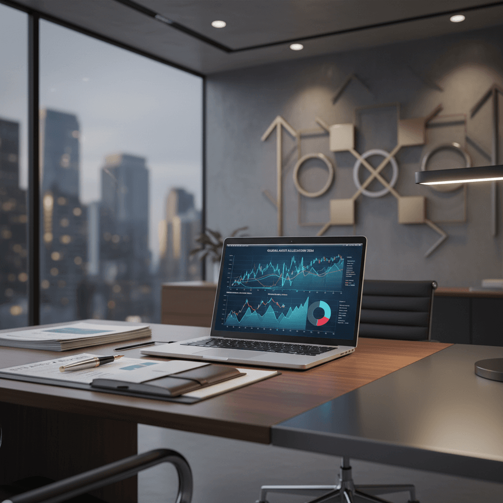 Modern office desk with laptop and financial documents for strategic analysis