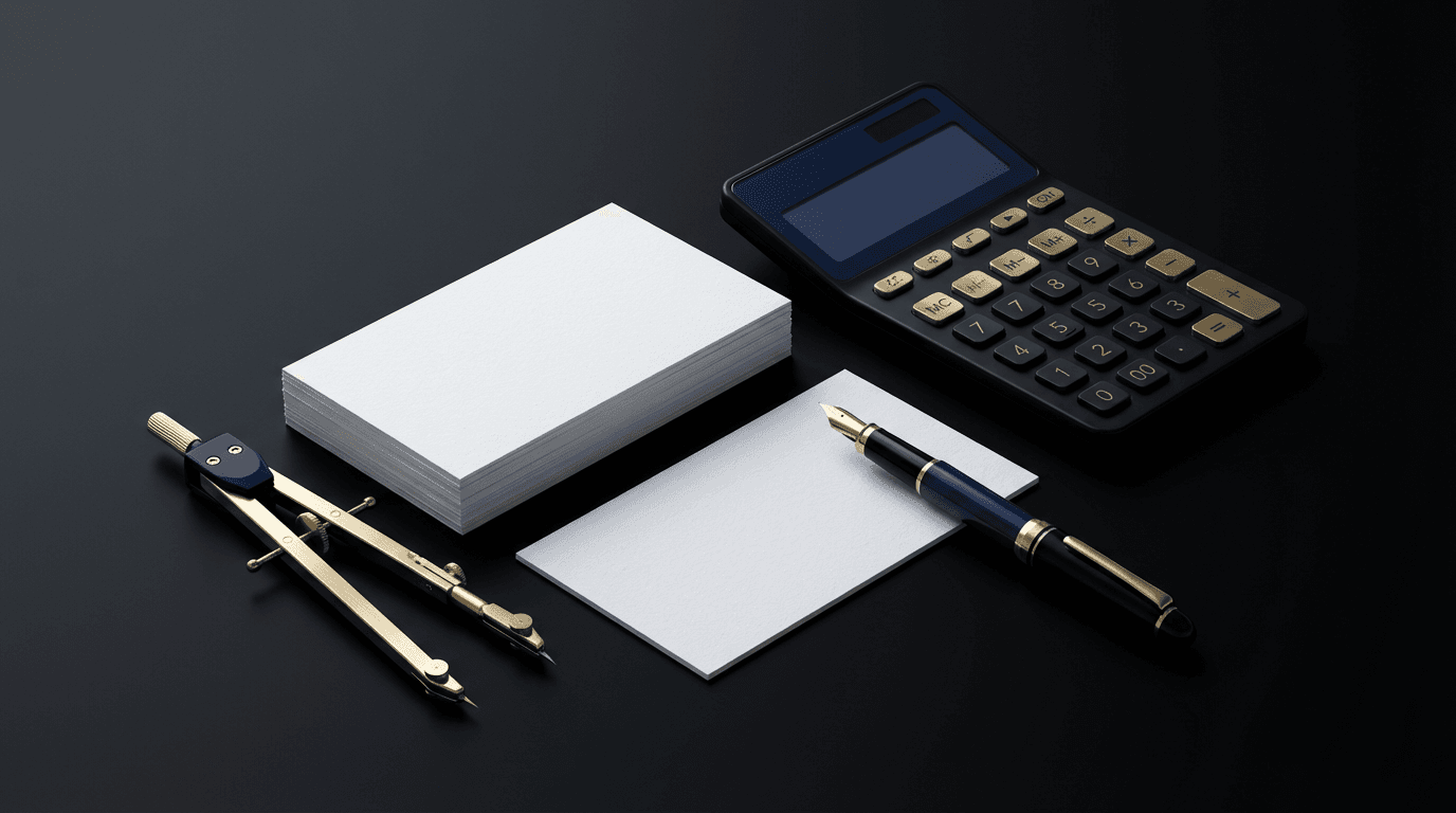 Arranged luxury business tools—compass, calculator, pen, and cards on black surface with defined shadows.