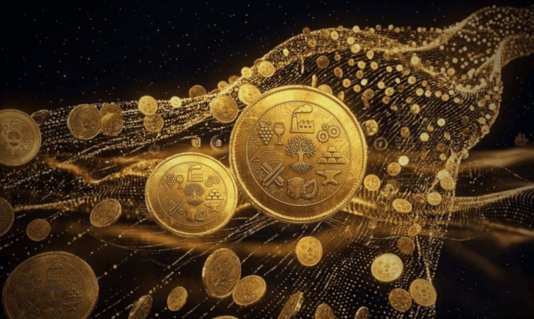 Monedas doradas con grabados industriales y naturales flotando en un flujo digital de partículas brillantes.