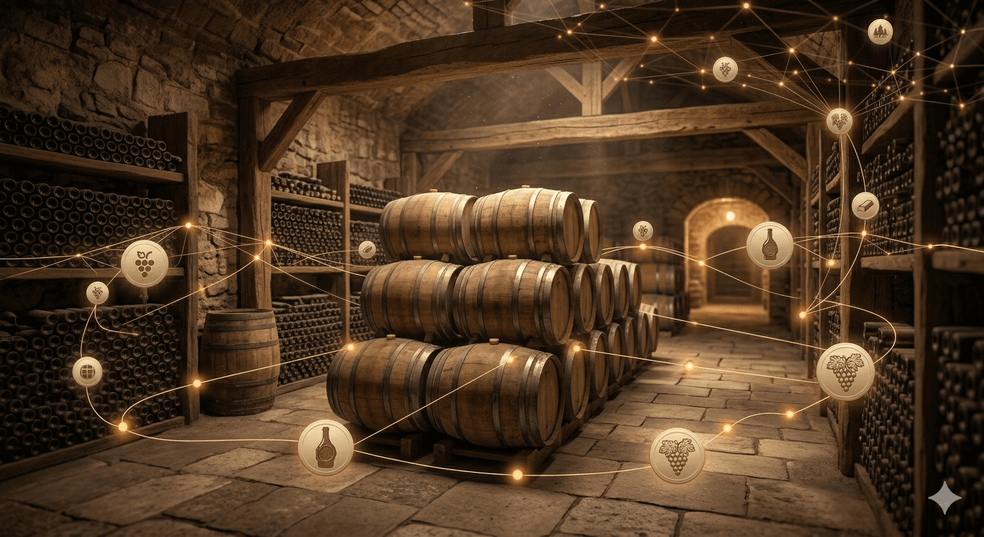 Barricas de madera en bodega rústica conectadas por una red digital de iconos dorados.