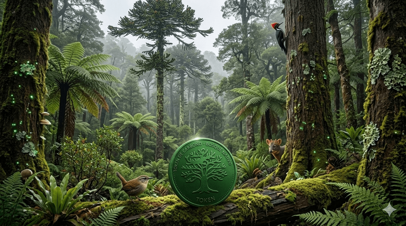 Token de carbono verde en un bosque nativo con un pudú, un carpintero y araucarias.